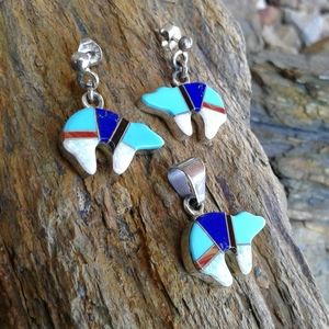 Sterling Silver Inlaid SIGNED Bear Fetish SET